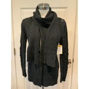 Poleci Dark Gray Cable Knit Cardigan W/ Neck Tie, Size Small